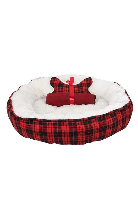 Dream Paws Bed 56x56cm & Blanket 76x52cm & Bone Toy Bundle Set - Red