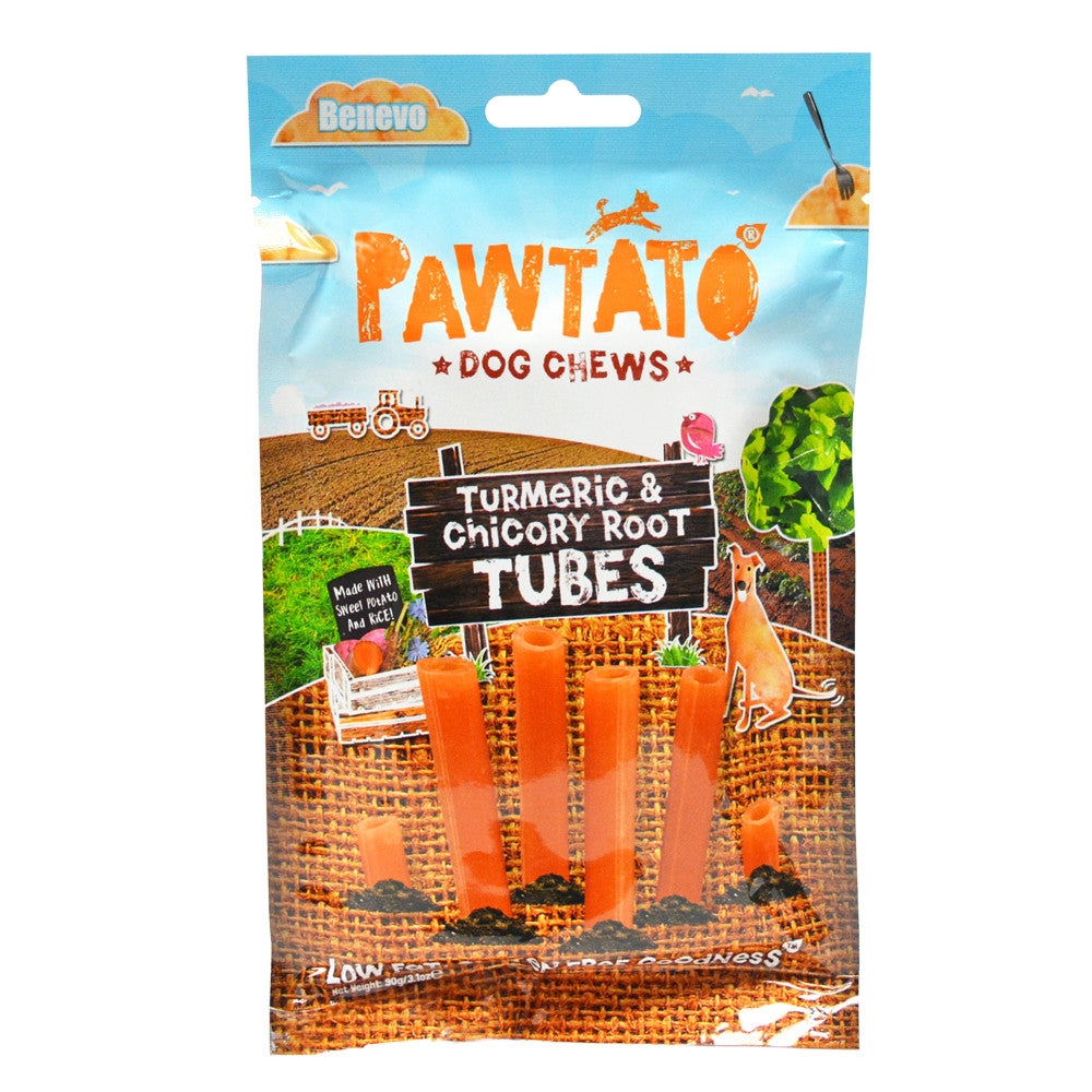 Vegeco Benevo Pawtato Root Tubes Low-Fat Treat for Dogs - Turmeric & Chicory Flavour - 90g - Pack of 12