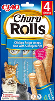 Front View of Ciao Churu Rolls 4 Pack Cat Treat - Chicken Recipe Wraps Tuna with Scallop Recipe - 4 x 10g