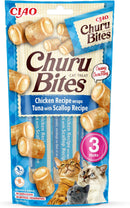 Front View of Ciao Churu Bites 3 Pack Cat Treat - Chicken Recipe Wraps Tuna with Scallop Recipe - 3 x 10g