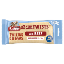 Front View of Bakers Meaty Twists Medium Dog Treats with Beef - 180g