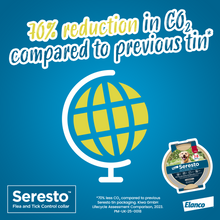 Sustainability graphic showing a globe and text stating 70% reduction in CO? from new Seresto packaging versus previous tin version.