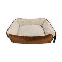 Front View of Dream Paws Brown Velvet Pet Sofa Bed with Fold-Out Blanket