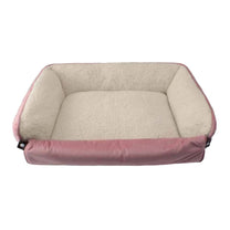 Front View of Dream Paws Pink Velvet Pet Sofa Bed with Fold-Out Blanket