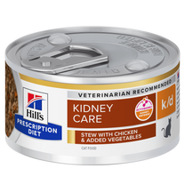 Front View of Hill's Prescription Diet k/d Kidney Care Stew Wet Cat Food with Chicken and added Vegetables - 24 x 82g Can