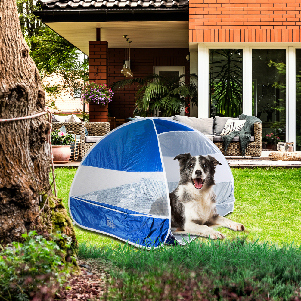 Border Collie using the Outpaws Pet Shelter in the garden