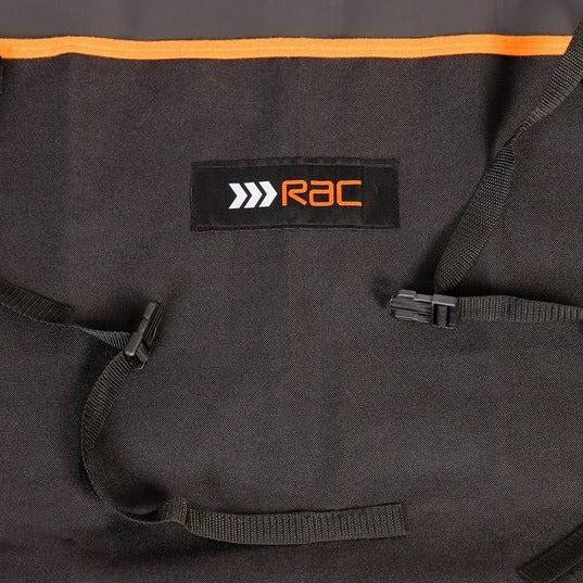 Close up of fastenings and back panel on the RAC Rear Car Seat Cover For Dogs in use on the back seats of a car