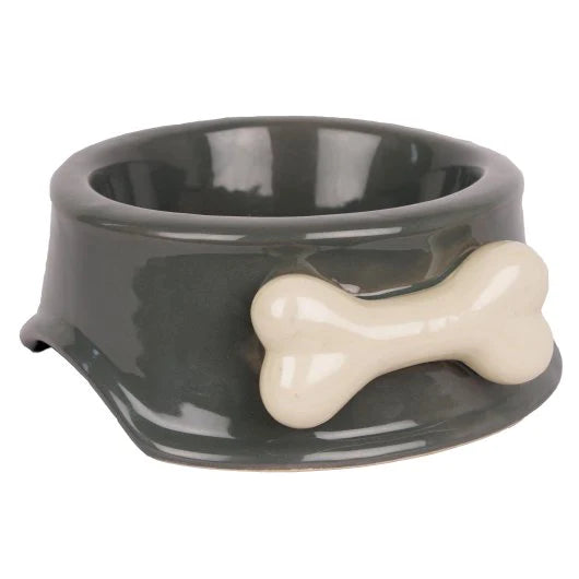 Banbury & Co Small grey ceramic dog feeding bowl with a decorative bone