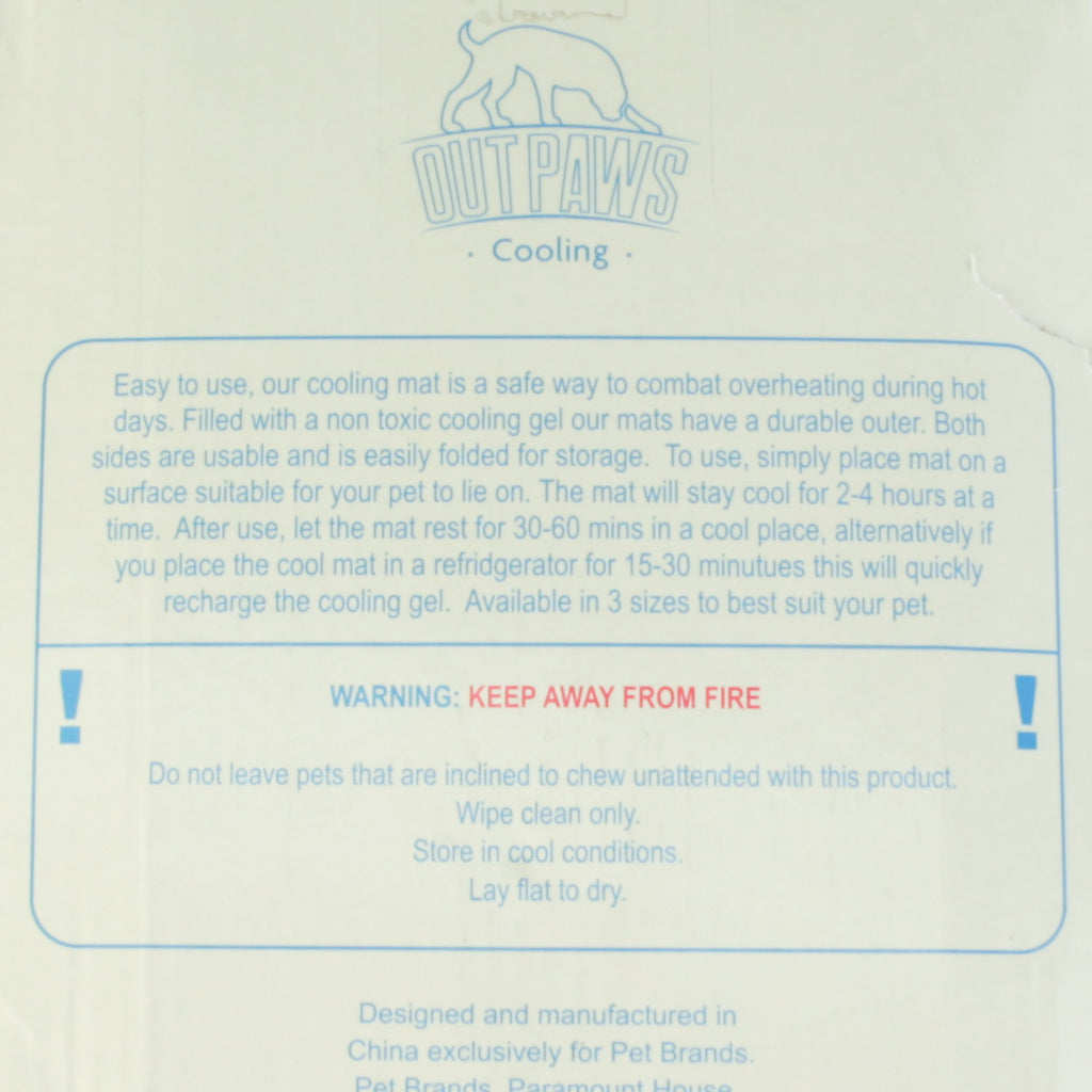 Outpaws Pet Cooling Mat Packaging instructions and safety information Label