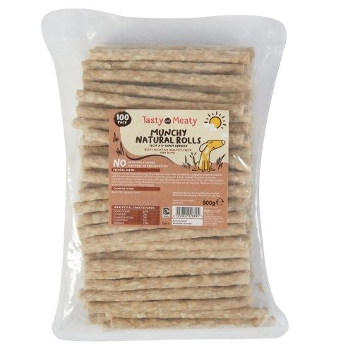 Tasty & Meaty Munchy Natural Rawhide Rolls | Natural Chewy Adult Dogs Treats | 100-Pack
