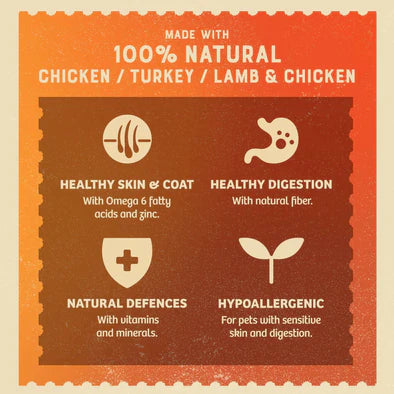 made with 100% natural food - Chicken, Turkey, and lamb & chicken