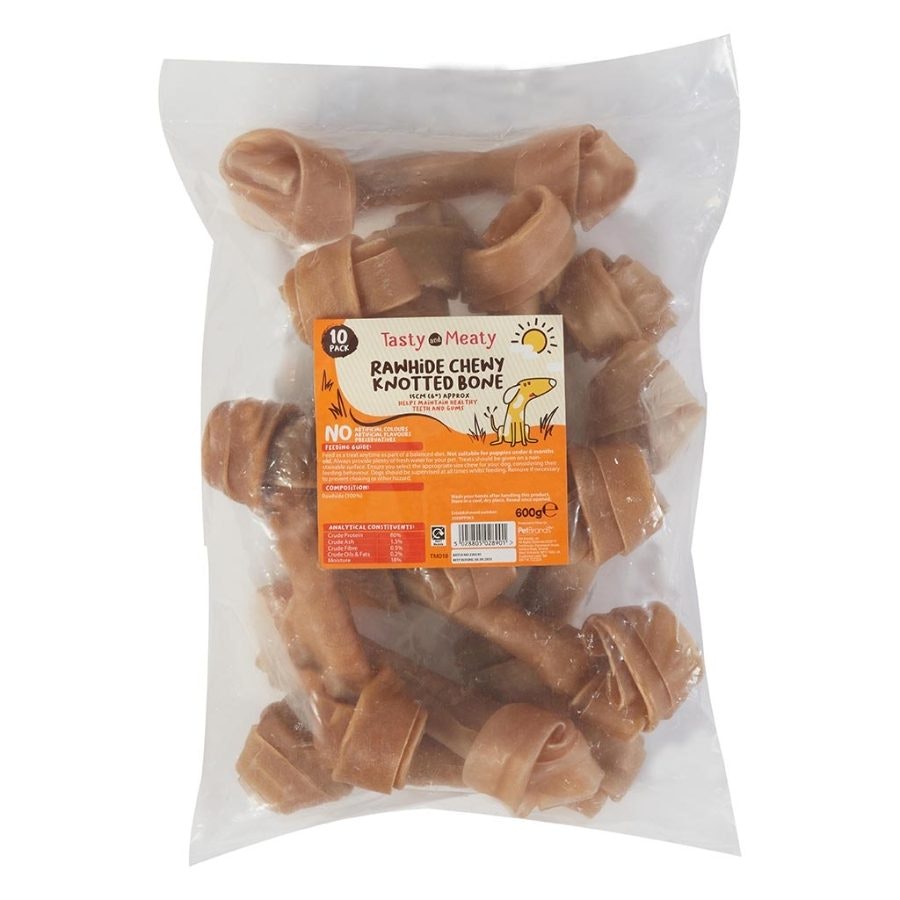 Tasty & Meaty Rawhide Chewy Knotted Bone 100% Natural Adult Dog Treats | 10-Pack
