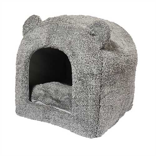 40 Winks Cat Hooded Bed- Teddy Bear - Grey - 38x38cm